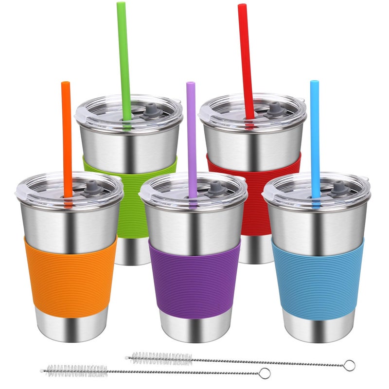 Rommeka Stainless Steel Cups, 5 Pack 16oz Kids Drinking Glasses Spill Proof Metal Tumblers Cups with Lids and Straws for Toddlers and Adults - Image 1